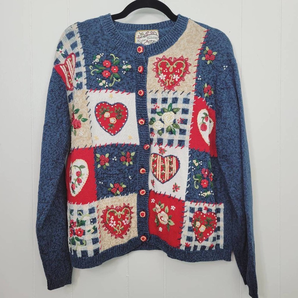Vintage Heirloom Collectables Heart Patchwork Cardigan Knit Sweater